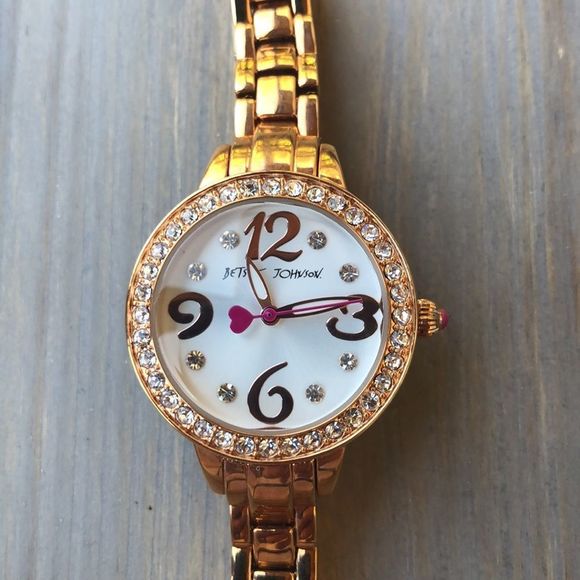 BETSEY Johnson Crystal Gold Tone Slim Band Watch! EUC - Picture 2 of 12
